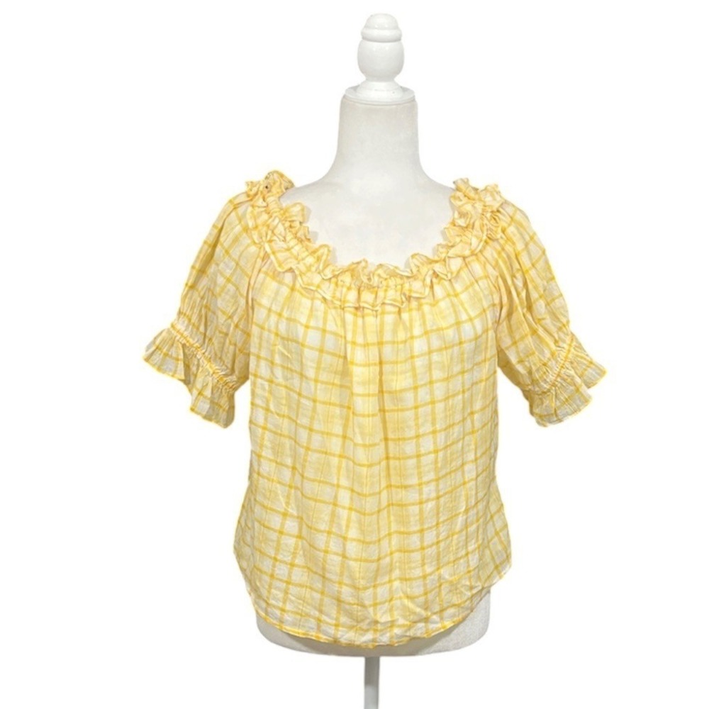 Tommy Hilfiger Plaid Ruffle Blouse Large Gingham Cottagecore Top Off Shoulder